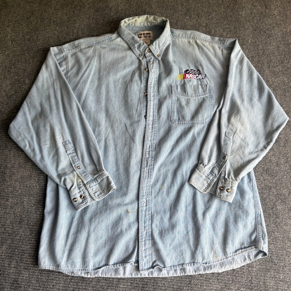 Vintage Most Wanted NASCAR Embroidered Denim Button Down Shirt Mens XXL Blue